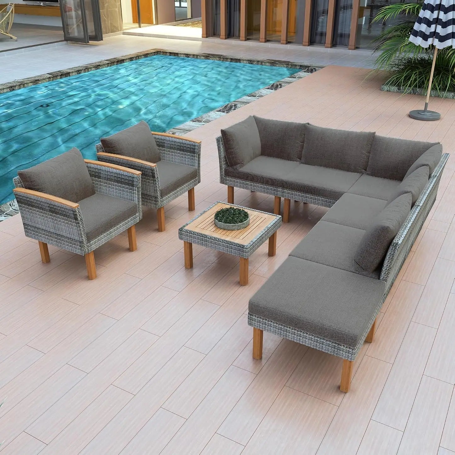 Acacia Wood Half-Moon Outdoor Sofa Set Coffee Table 6 Seat Garden Deck Customized