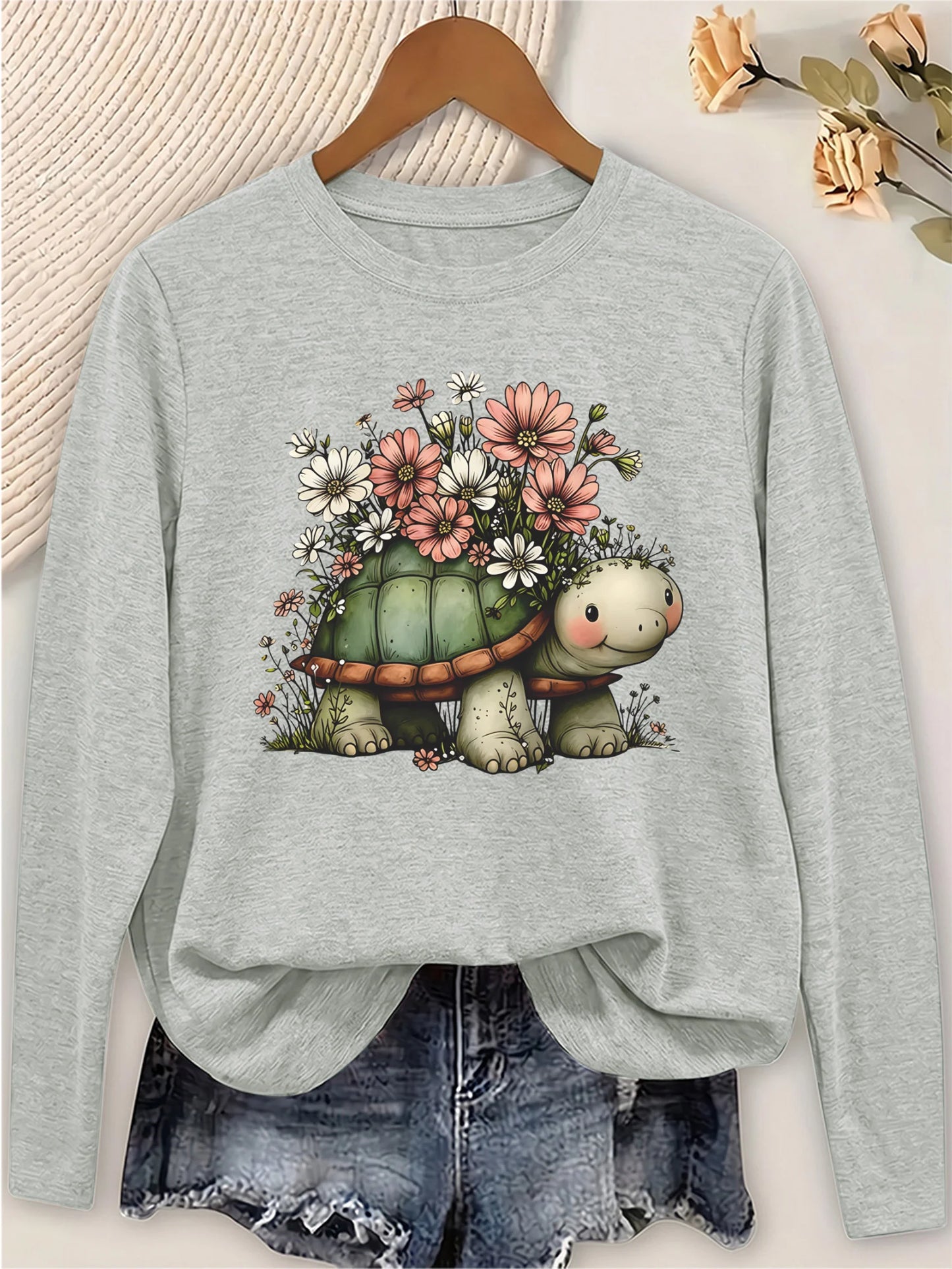 Women's Long Sleeve T Shirt With Turtle Floral Print