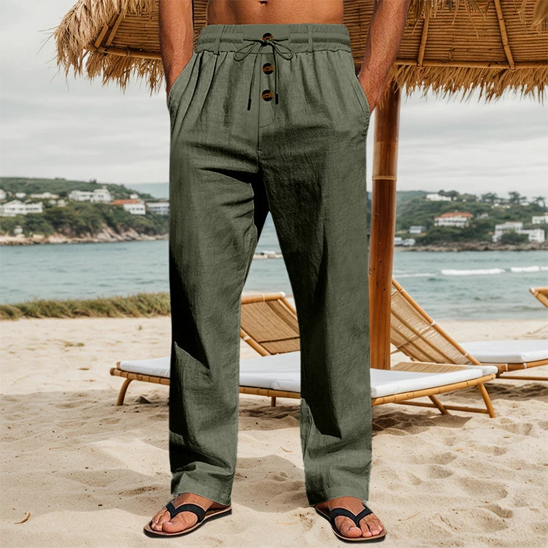 Men's Cotton Casual Pants With Three Button Placket Elastic Pockets