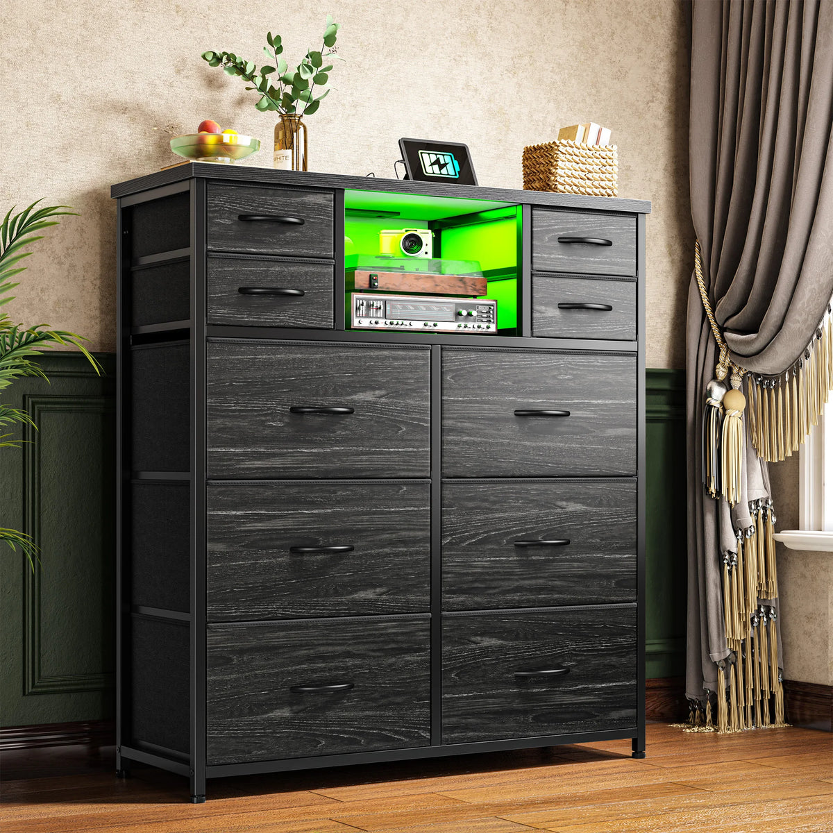 Fabric Storage Chest With LED Charging Station And Open Shelves