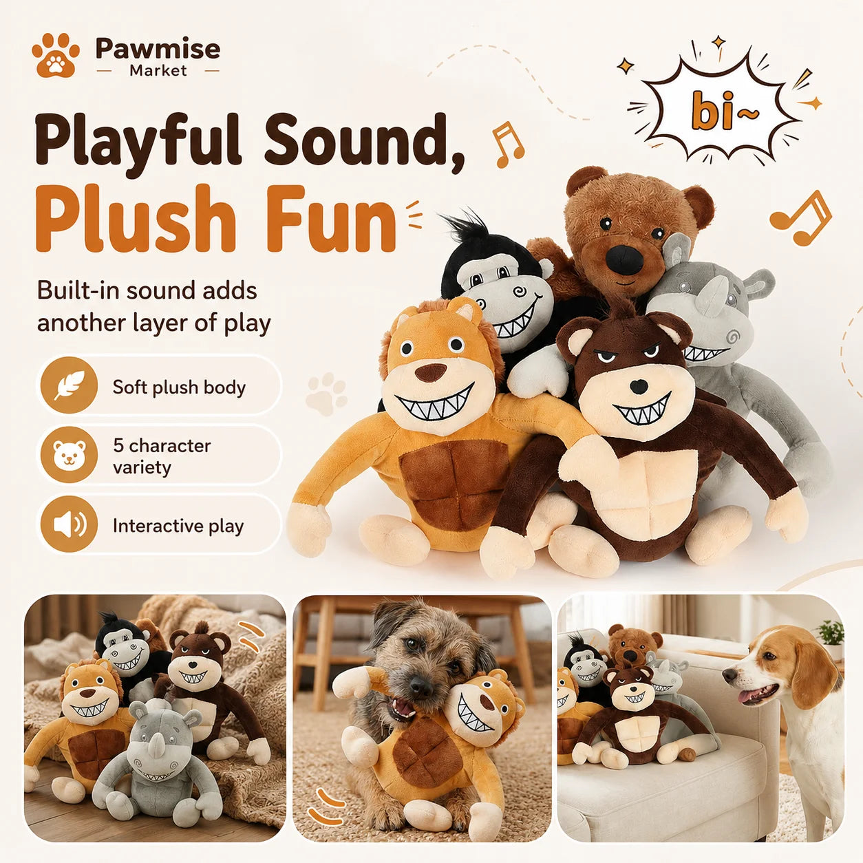 5-Piece Squeaky Plush Pet Toys Set - Lion, Bear, Rhino, Monkey & Chimpanzee - Durable Soft Chew Toys for Dogs & Cats - Bite-Resistant Stuffed Animals for Puppies & Kittens - Anxiety Relief & Interactive Play