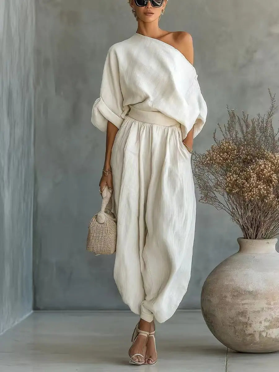 One Shoulder Linen Two-Piece Set For Women With Belt