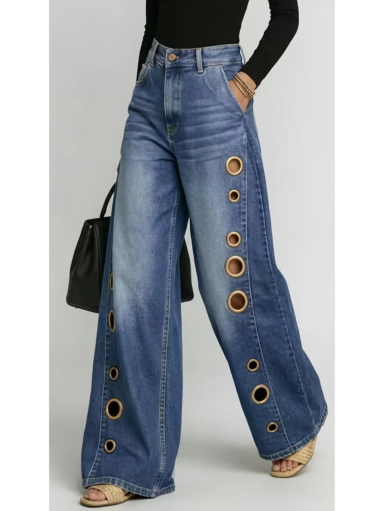 Retro Style Wide Leg Jeans With Metallic Eyelets High Waist