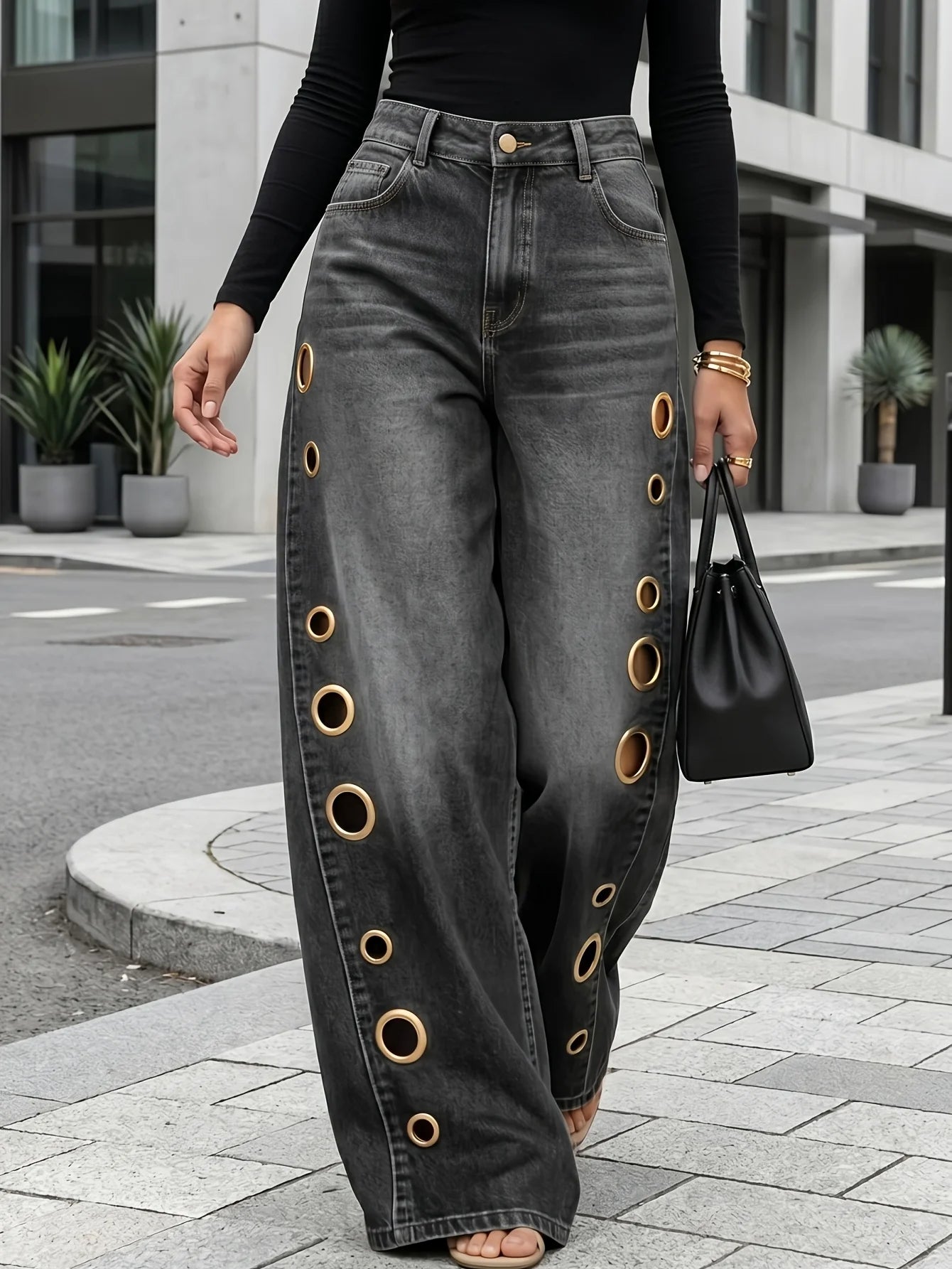 Retro Style Wide Leg Jeans With Metallic Eyelets High Waist