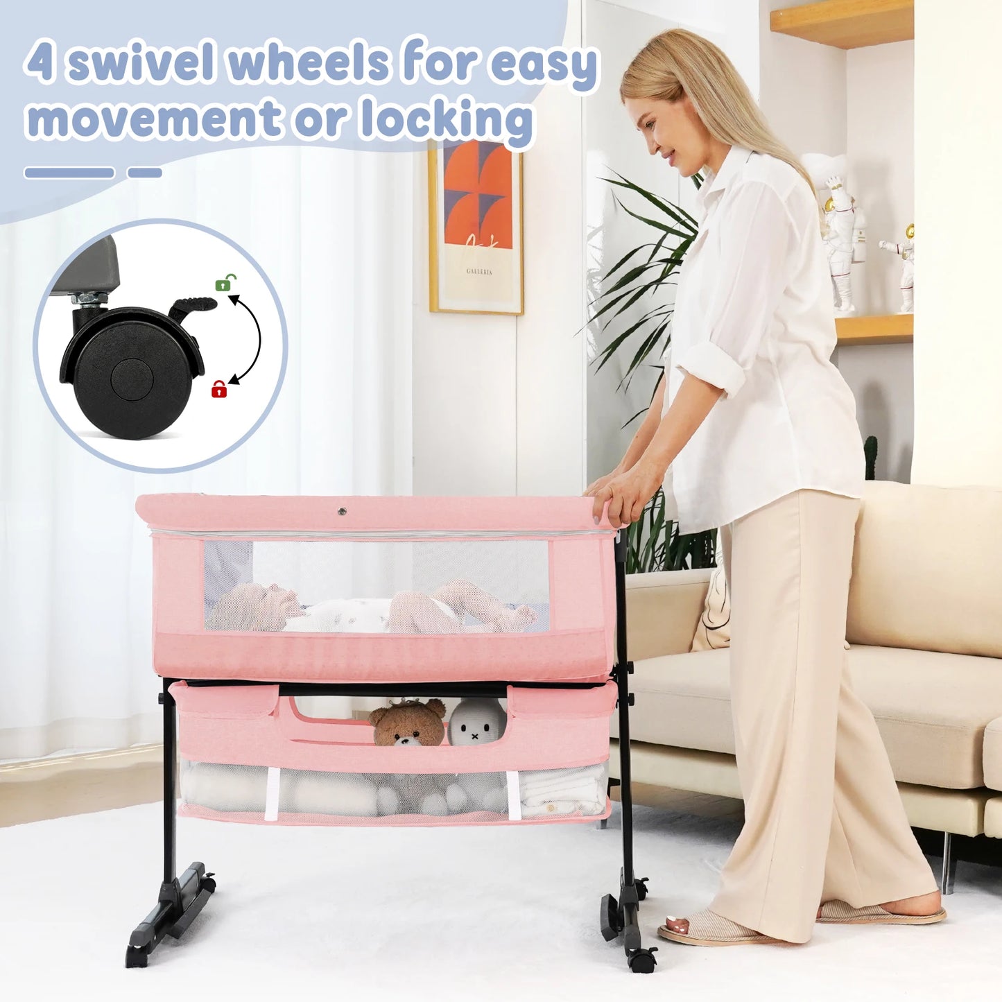 Kmaier Foldable Portable Baby Bassinet Bedside Crib with Breathable Mesh
