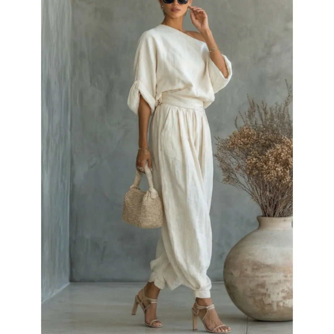 One Shoulder Linen Two-Piece Set For Women With Belt