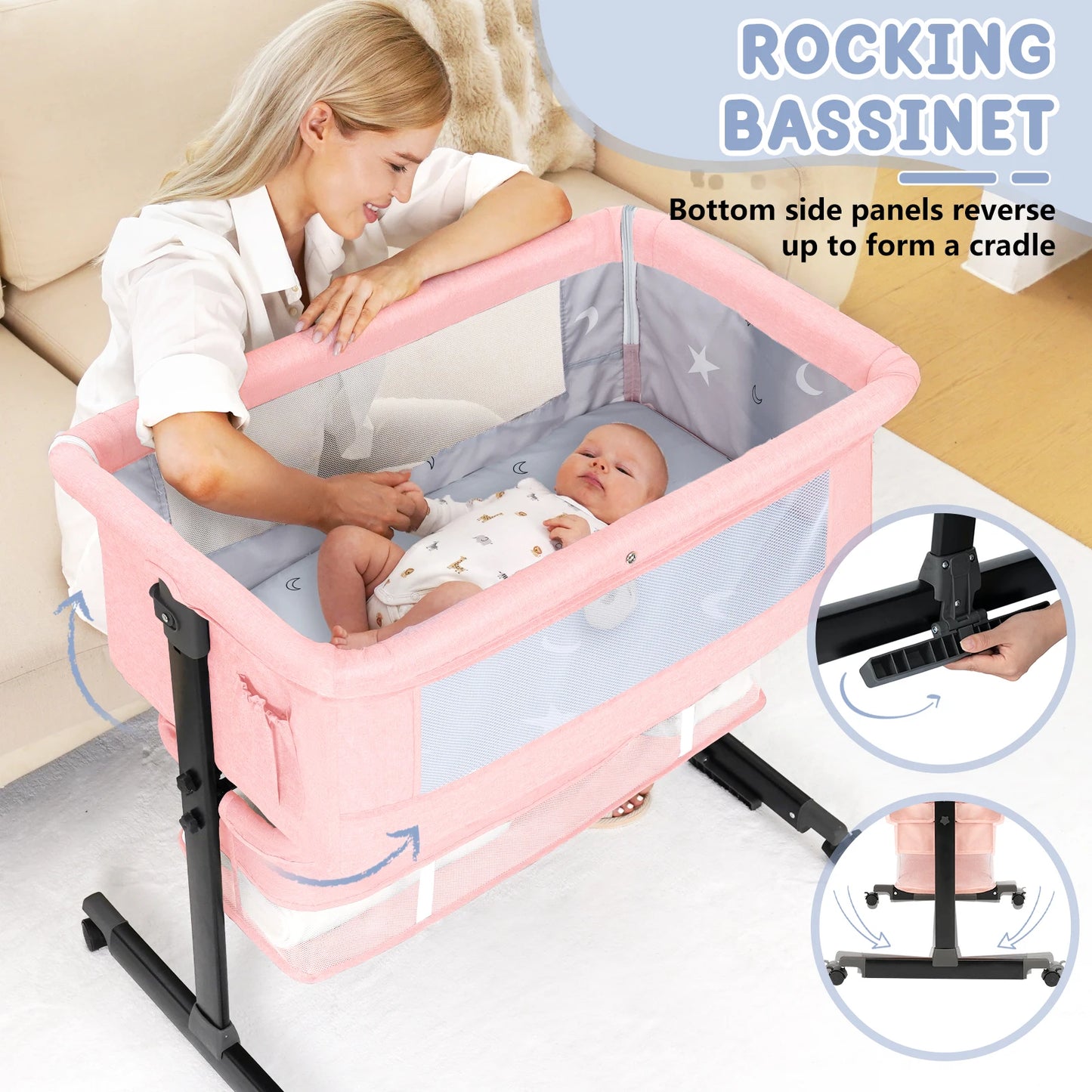 Kmaier Foldable Portable Baby Bassinet Bedside Crib with Breathable Mesh