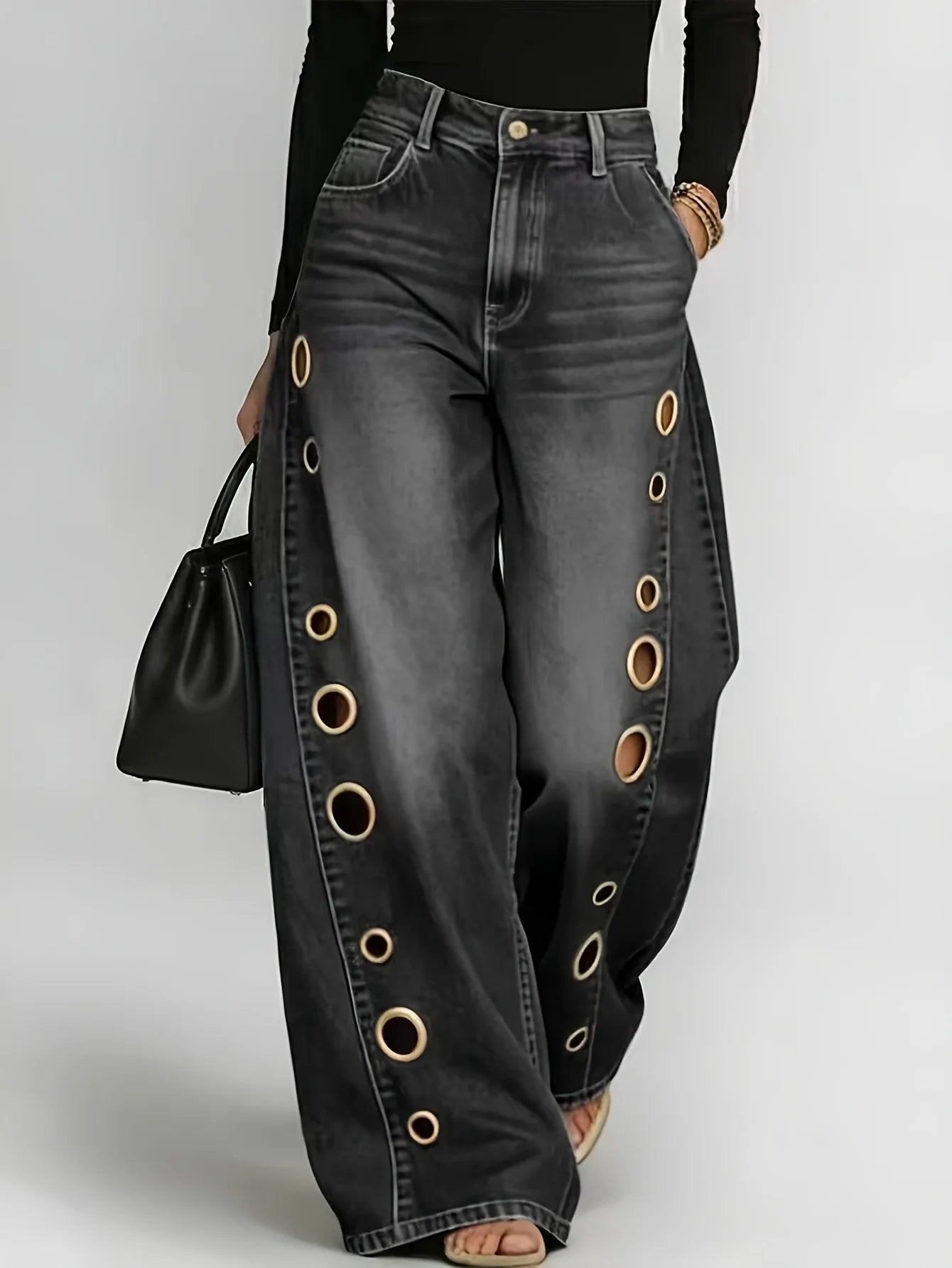 Retro Style Wide Leg Jeans With Metallic Eyelets High Waist