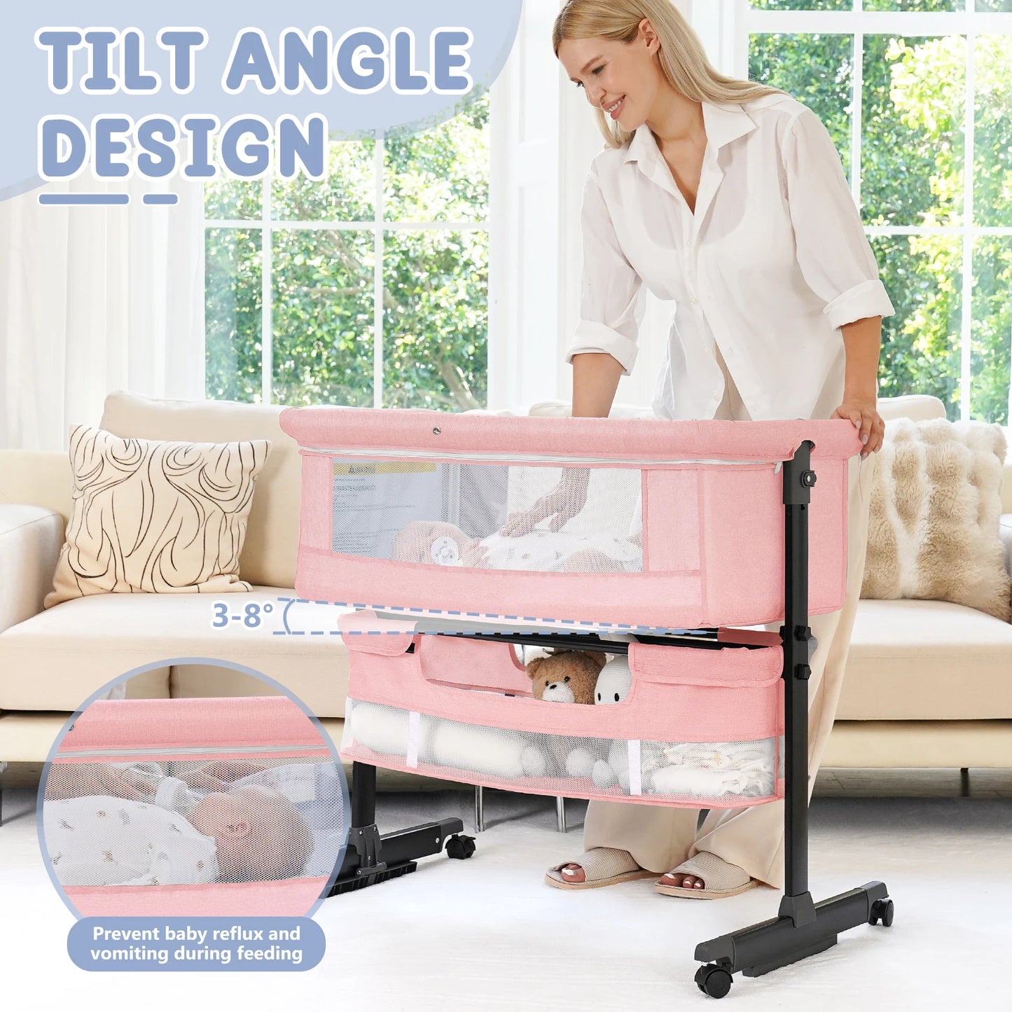 Kmaier Foldable Portable Baby Bassinet Bedside Crib with Breathable Mesh