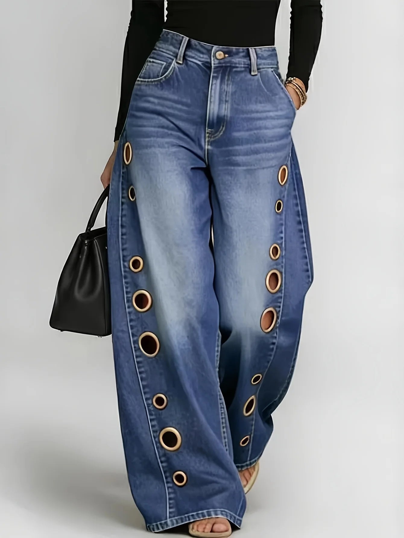 Retro Style Wide Leg Jeans With Metallic Eyelets High Waist