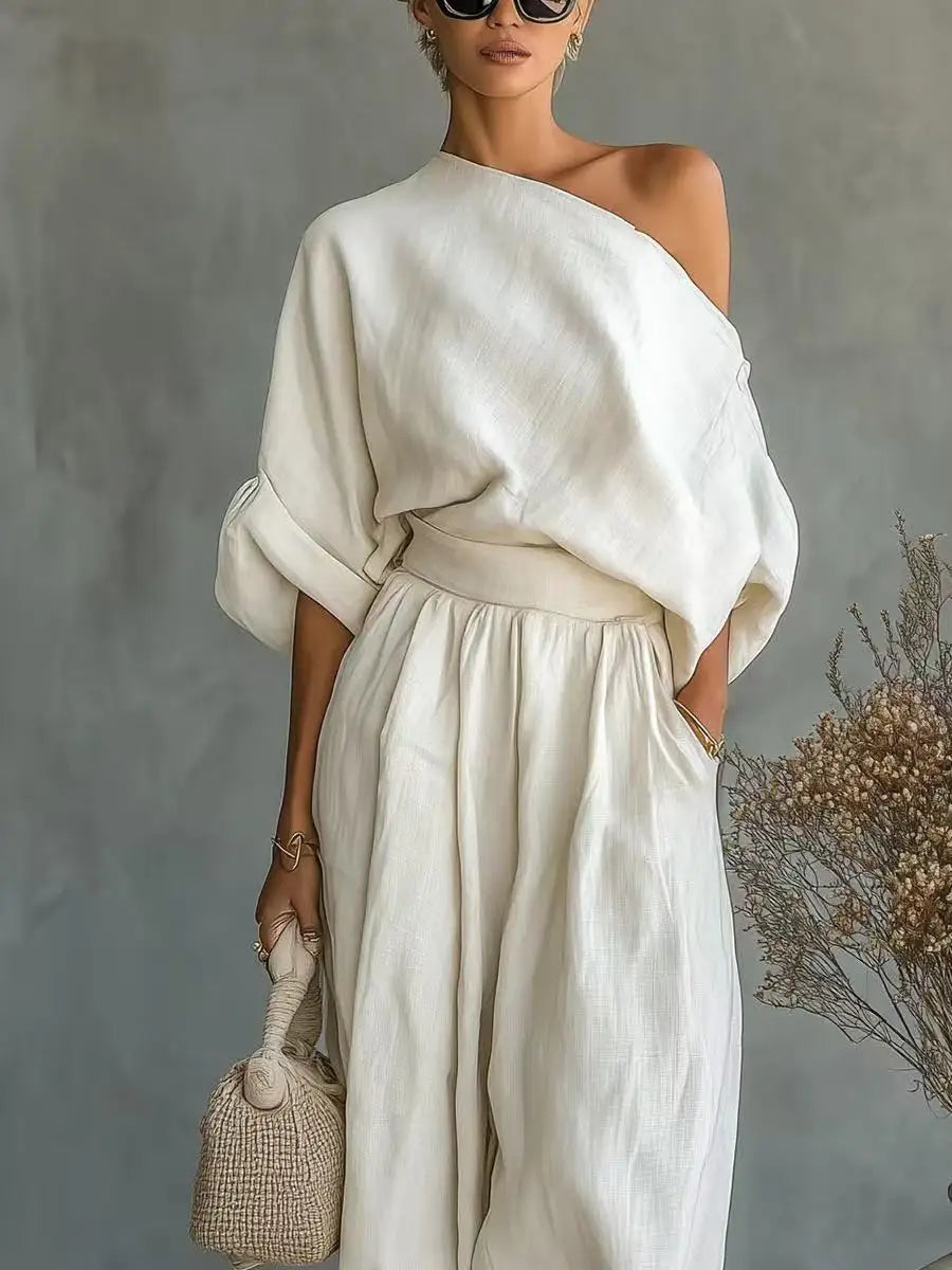 One Shoulder Linen Two-Piece Set For Women With Belt