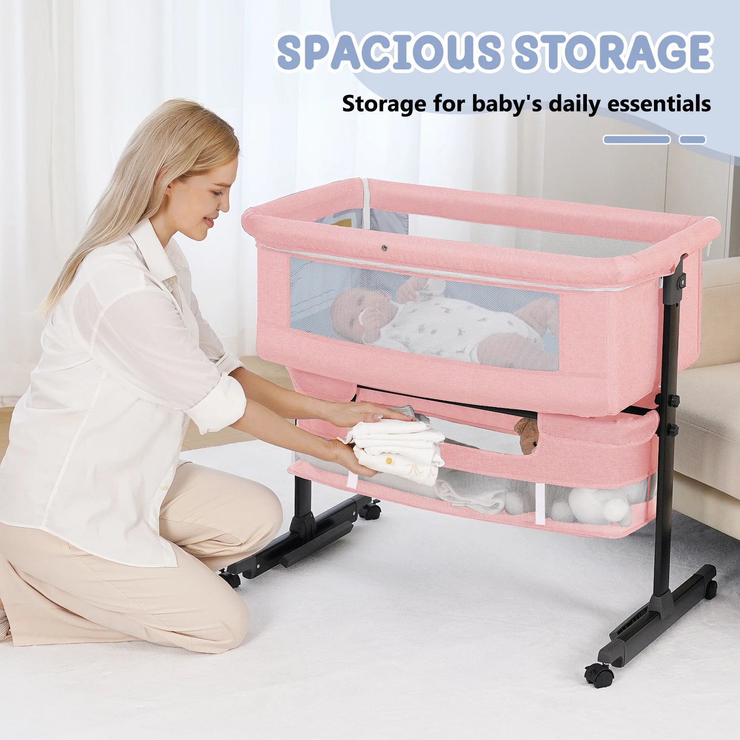 Kmaier Foldable Portable Baby Bassinet Bedside Crib with Breathable Mesh
