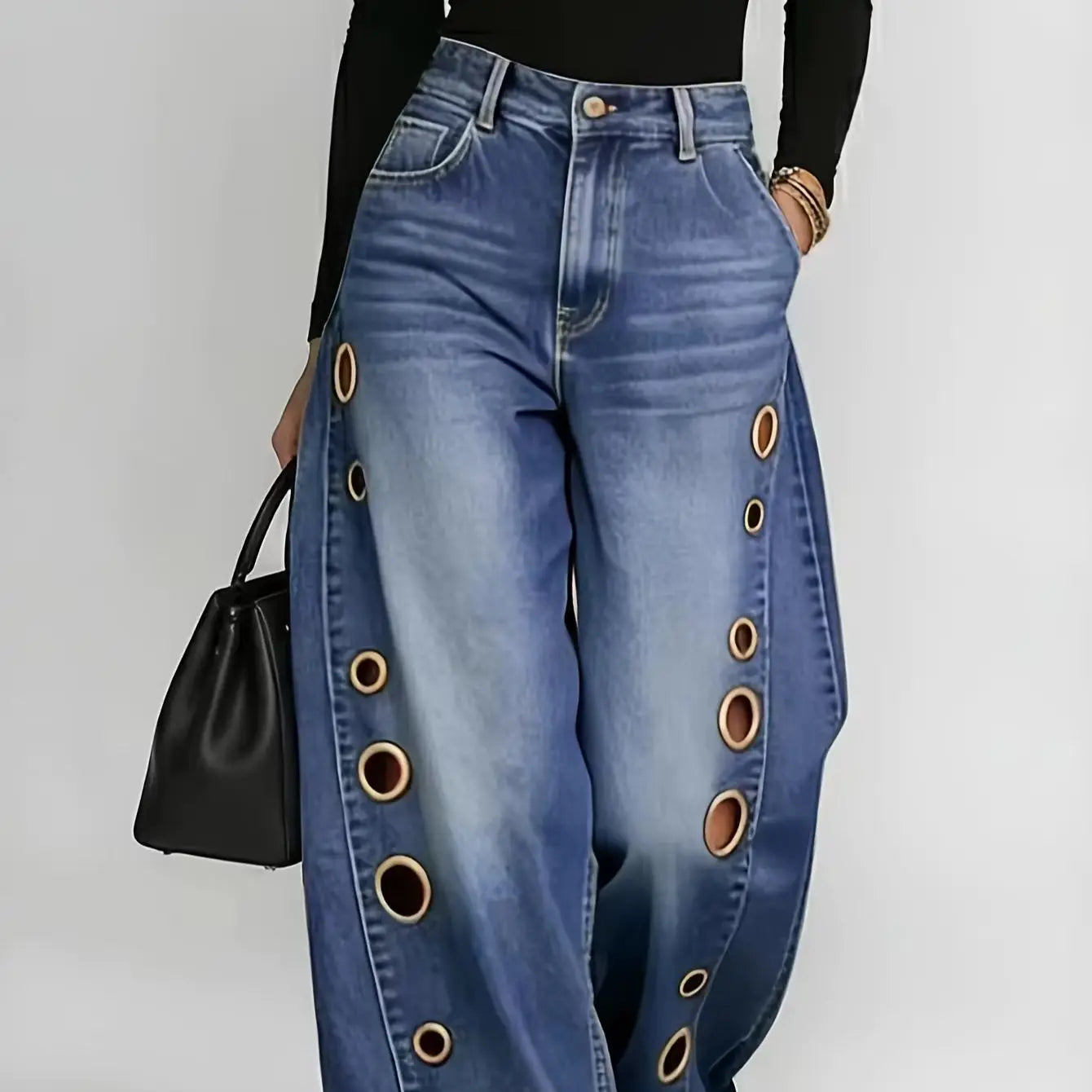 Retro Style Wide Leg Jeans With Metallic Eyelets High Waist