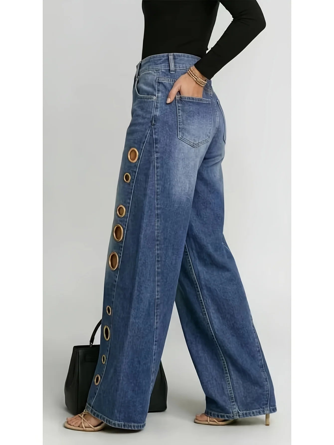 Retro Style Wide Leg Jeans With Metallic Eyelets High Waist