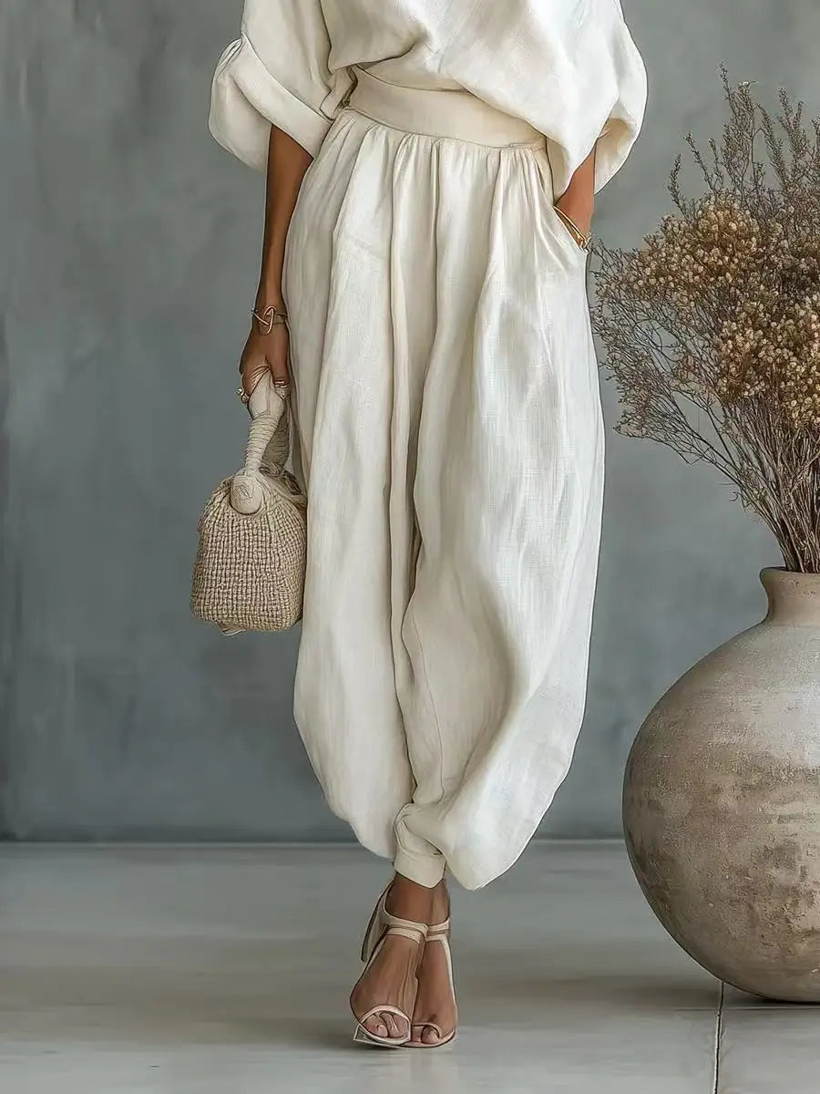 One Shoulder Linen Two-Piece Set For Women With Belt