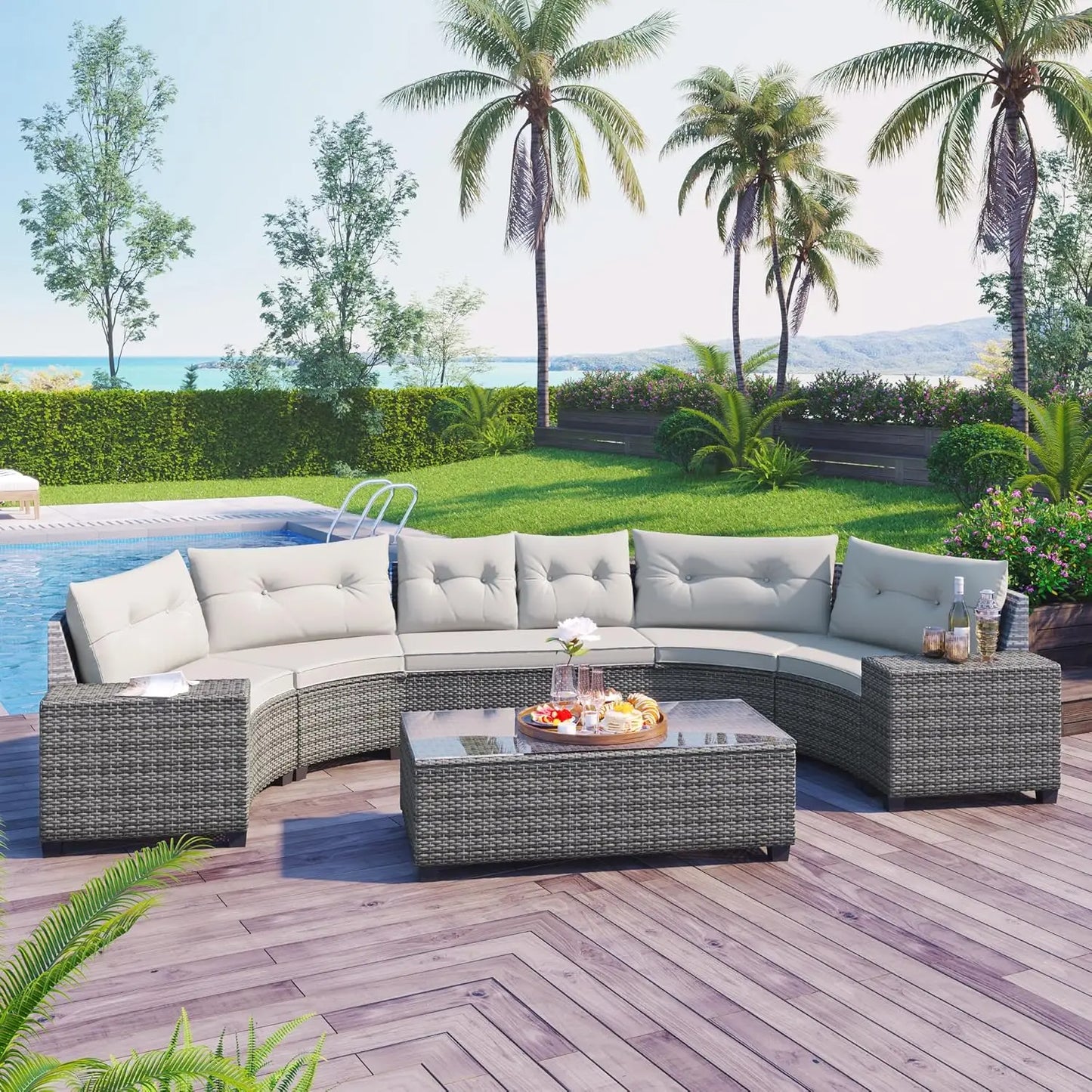 Acacia Wood Half-Moon Outdoor Sofa Set Coffee Table 6 Seat Garden Deck Customized