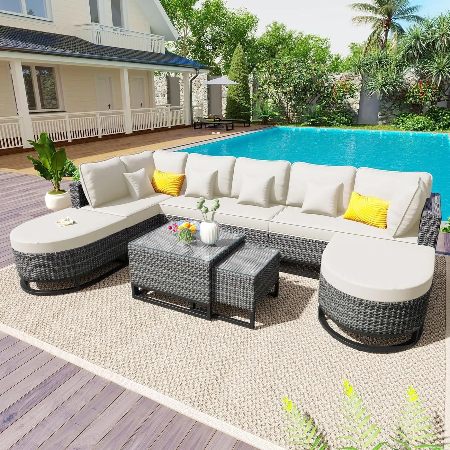 Acacia Wood Half-Moon Outdoor Sofa Set Coffee Table 6 Seat Garden Deck Customized