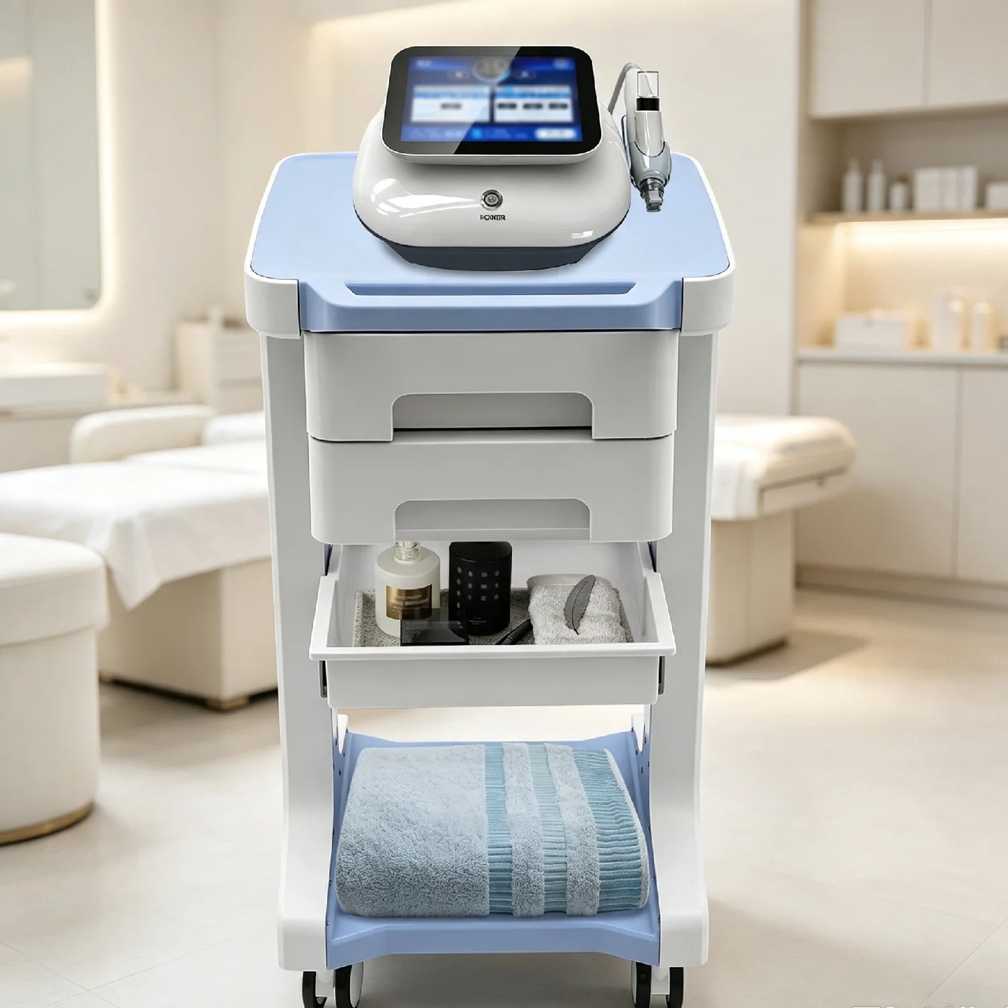 3-Tier Beauty Salon Trolley, 2 Drawers Mobile Storage Cart, 41*41*67cm Utility Cart on Wheels for Barber Stores, Clinics, Spas