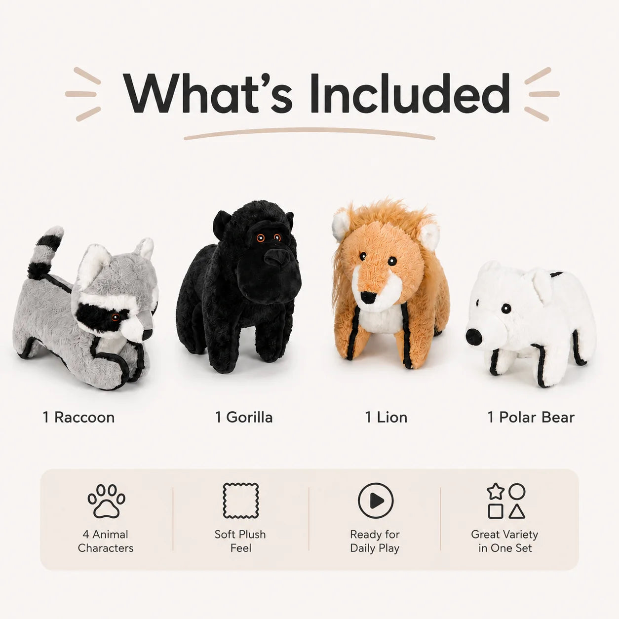 4-Piece Squeaky Plush Pet Toys Set - Polar Bear, Raccoon, Lion & Chimpanzee - Durable Soft Chew Toys for Dogs & Cats - Bite-Resistant Stuffed Animals for Puppies & Kittens - Anxiety Relief & Interactive Play