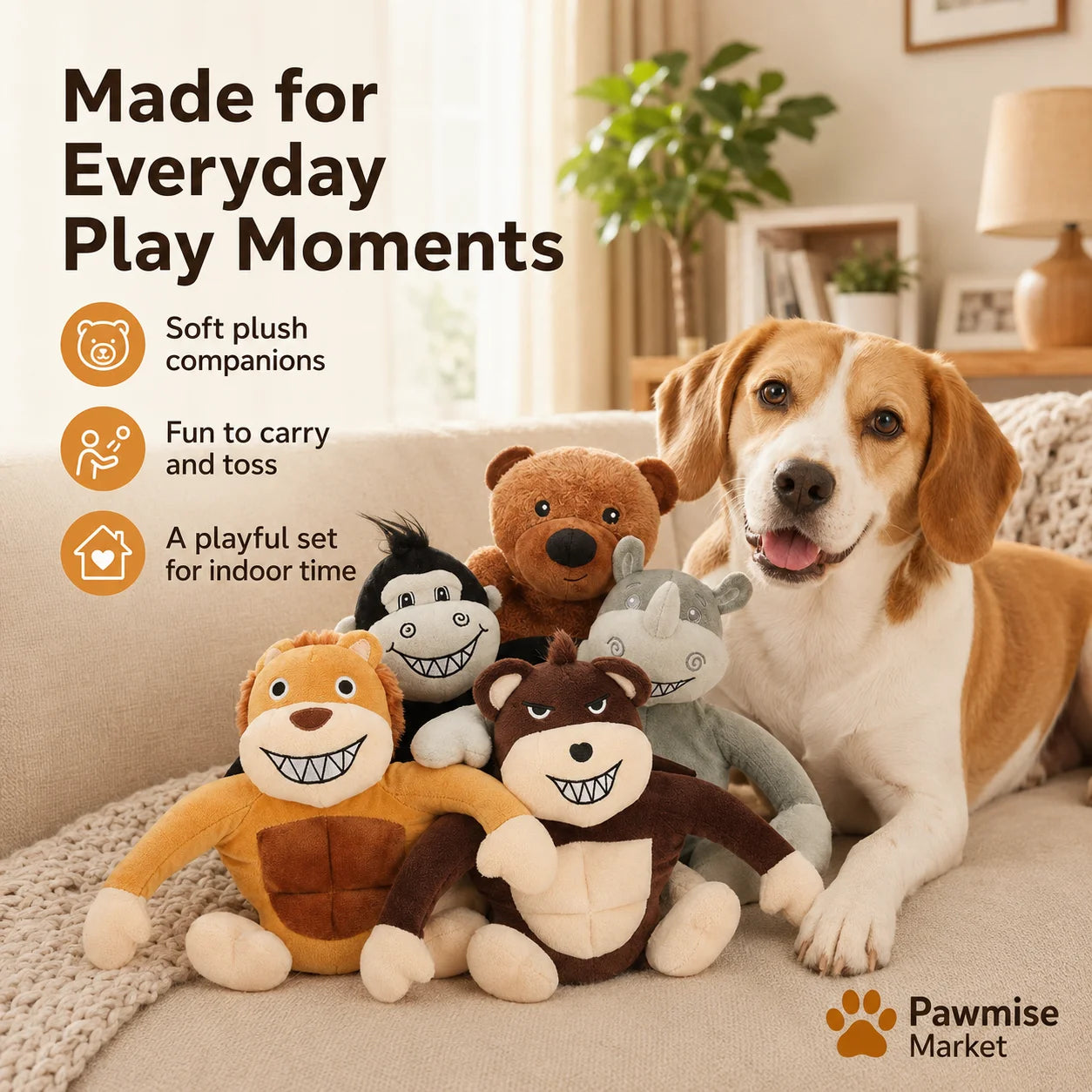 5-Piece Squeaky Plush Pet Toys Set - Lion, Bear, Rhino, Monkey & Chimpanzee - Durable Soft Chew Toys for Dogs & Cats - Bite-Resistant Stuffed Animals for Puppies & Kittens - Anxiety Relief & Interactive Play