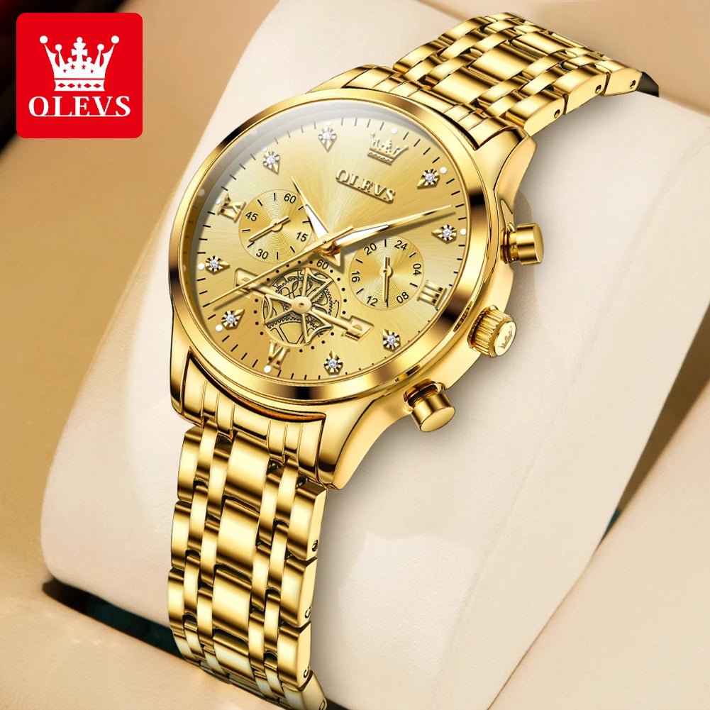 OLEVS Skeleton Quartz Chronograph Stainless Steel Waterproof Luminous Watch