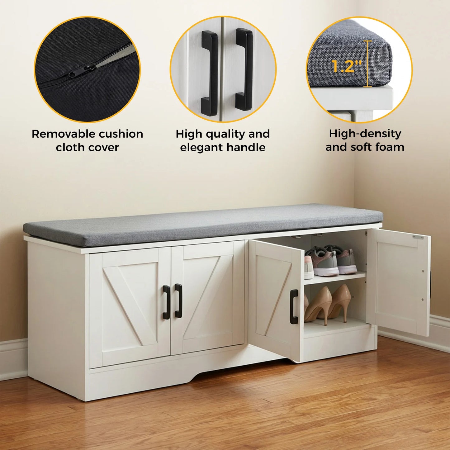 JHK Storage Bench Shoe Organizer Cabinet with Padded Seat Cushion 2 Doors Adjustable Shelf for Entryway Easy Assemble Strong Load-bearing Capacity