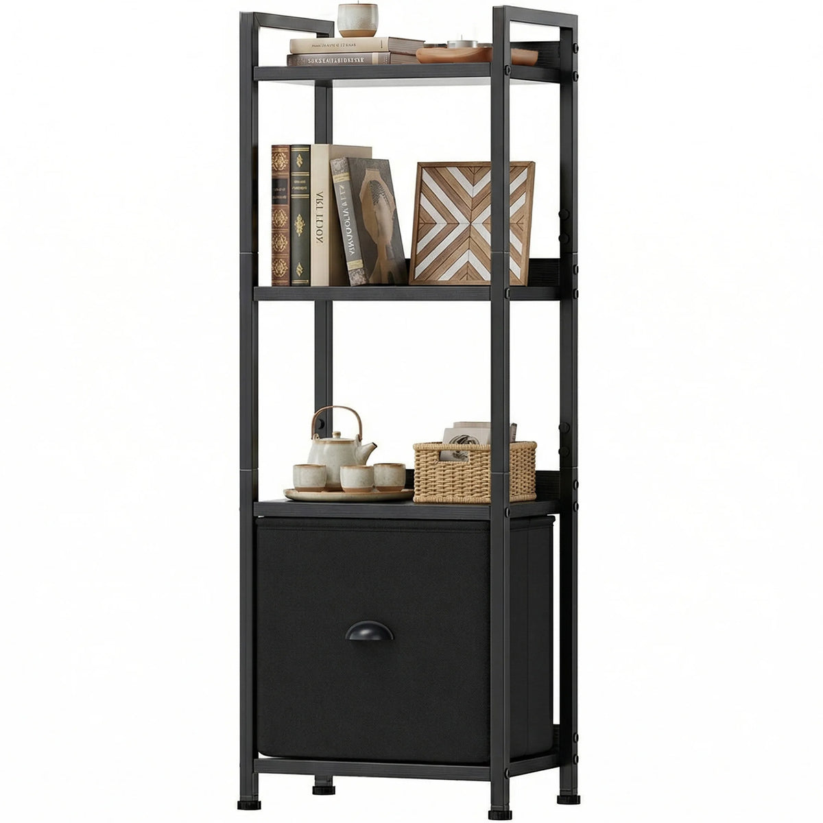 MCQ 4 Tiers Metal Classic Bookshelf with Fabric Drawer Freestanding Tall Display Shelf Storage Shelves Bookshelf Sturdy Structure Graduated Shelves for Home