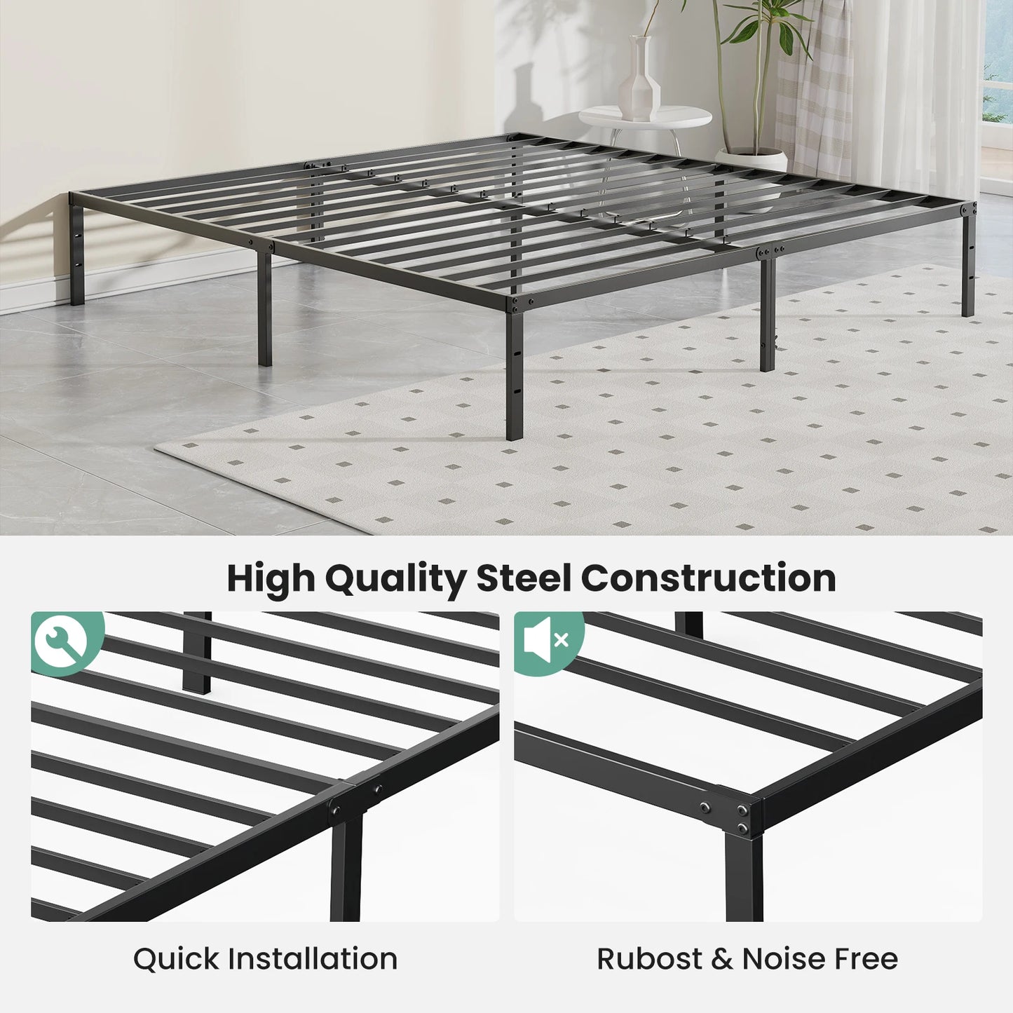 JHK Metal Platform Bed Frame With Slat Support Heavy Duty