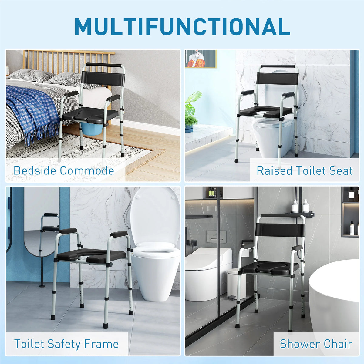 Portable 4 In 1 Adjustable Bedside Commode Shower Chair