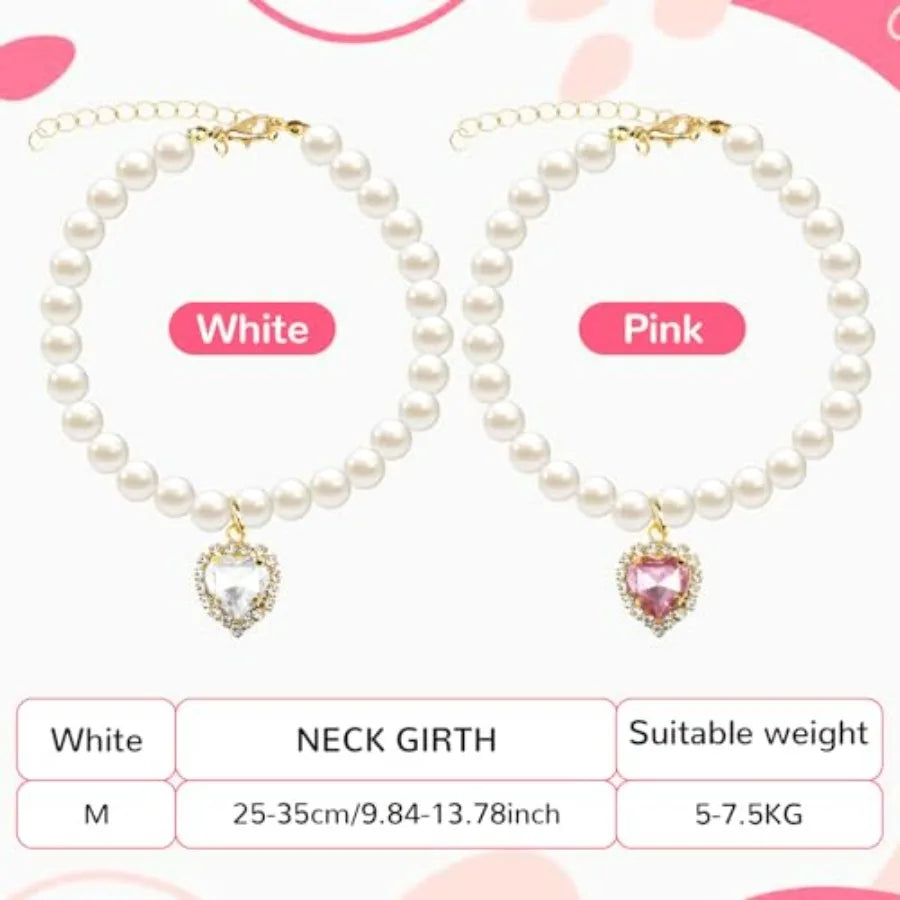 2pcs Cute Girl Cat Collar, Pearl Cat Dog Collar with Small Heart Shape Rhinestone for Small Dogs and Cats Adjustable Fancy Dog