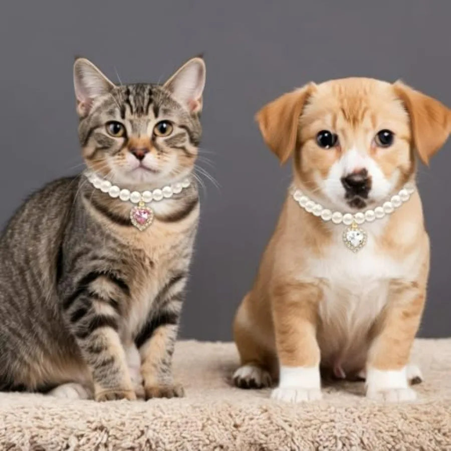 2pcs Cute Girl Cat Collar, Pearl Cat Dog Collar with Small Heart Shape Rhinestone for Small Dogs and Cats Adjustable Fancy Dog