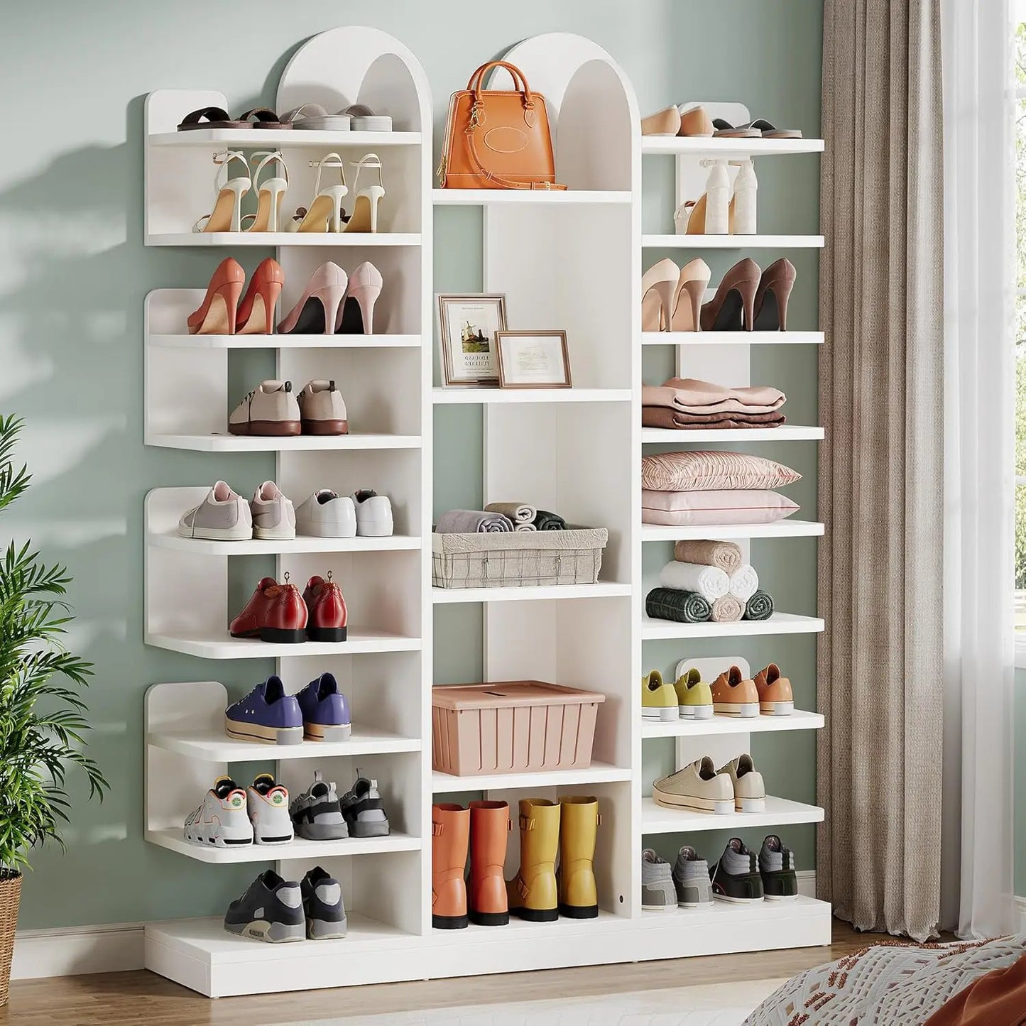 White Shoe Rack, 13-Tier Freestanding Tall Entryway Shoe Organizer with Open Shelves, 40 Pairs Wide Wooden Shoe, Customized