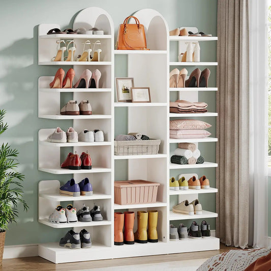 White Shoe Rack, 13-Tier Freestanding Tall Entryway Shoe Organizer with Open Shelves, 40 Pairs Wide Wooden Shoe, Customized