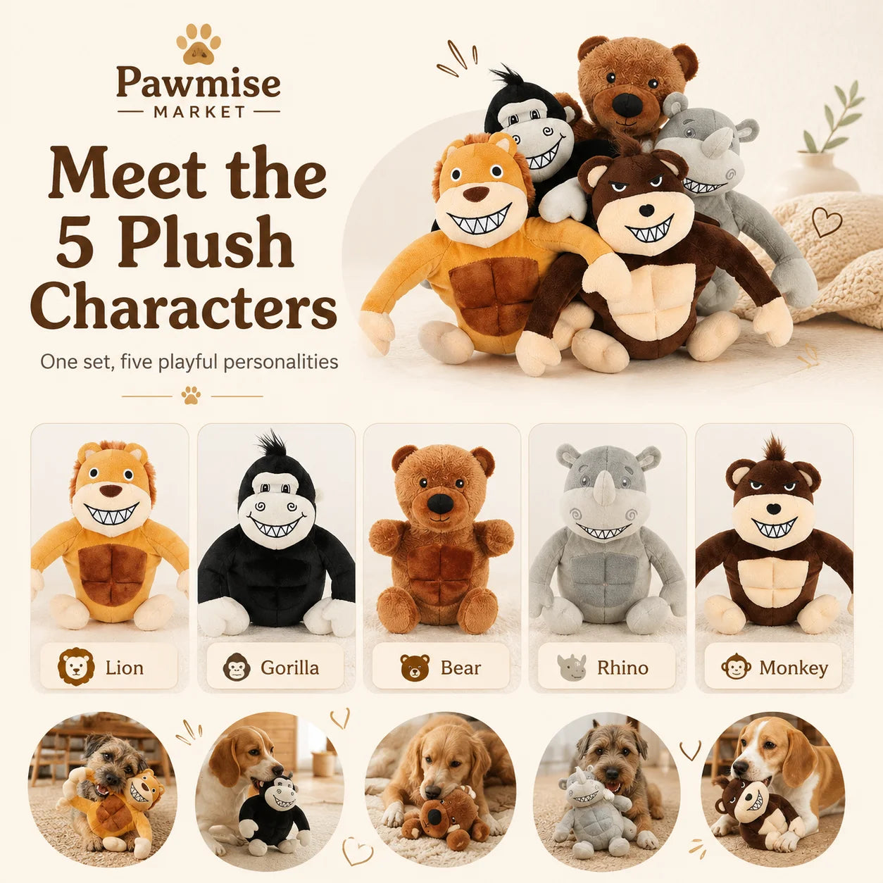 5-Piece Squeaky Plush Pet Toys Set - Lion, Bear, Rhino, Monkey & Chimpanzee - Durable Soft Chew Toys for Dogs & Cats - Bite-Resistant Stuffed Animals for Puppies & Kittens - Anxiety Relief & Interactive Play