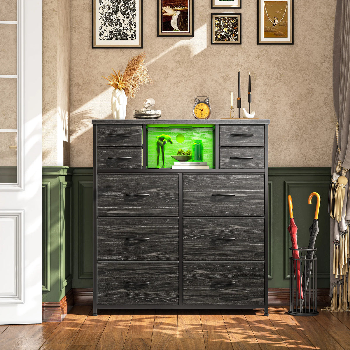 Fabric Storage Chest With LED Charging Station And Open Shelves