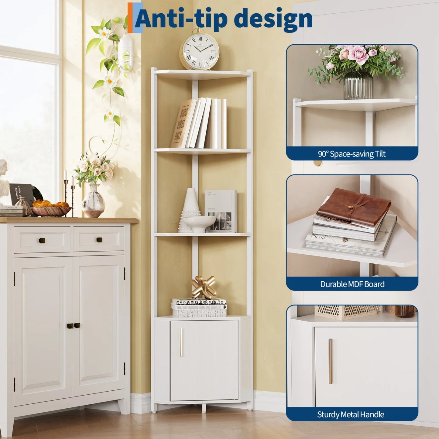 5-Tier Corner Shelf Stand, 58.27'' Tall Corner Bookshelf with Metal Frame, Wooden Corner Stand – Storage Rack for Home Office