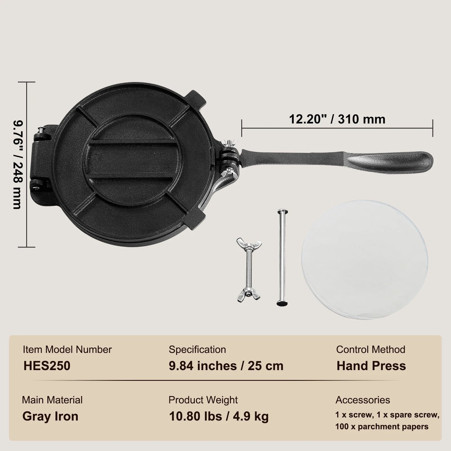 VEVOR Cast Iron Tortilla Press Heavy Duty Dough Maker