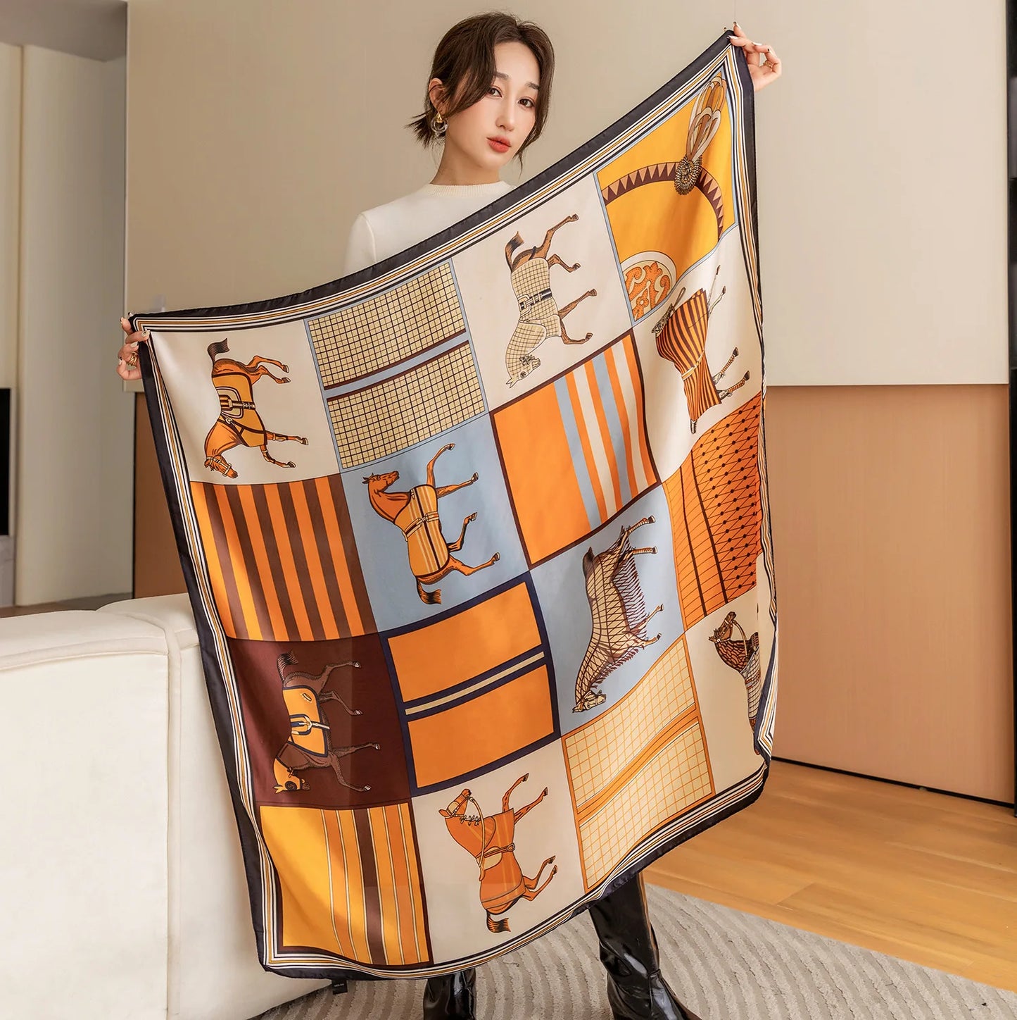 HYKMAIYW Luxury Horse Print Square Scarf Imitation Silk
