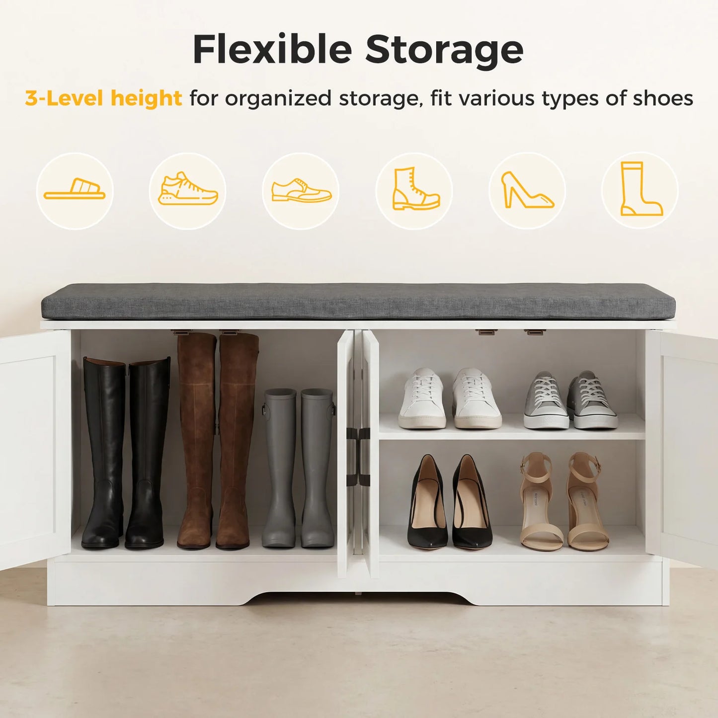 JHK Storage Bench Shoe Organizer Cabinet with Padded Seat Cushion 2 Doors Adjustable Shelf for Entryway Easy Assemble Strong Load-bearing Capacity
