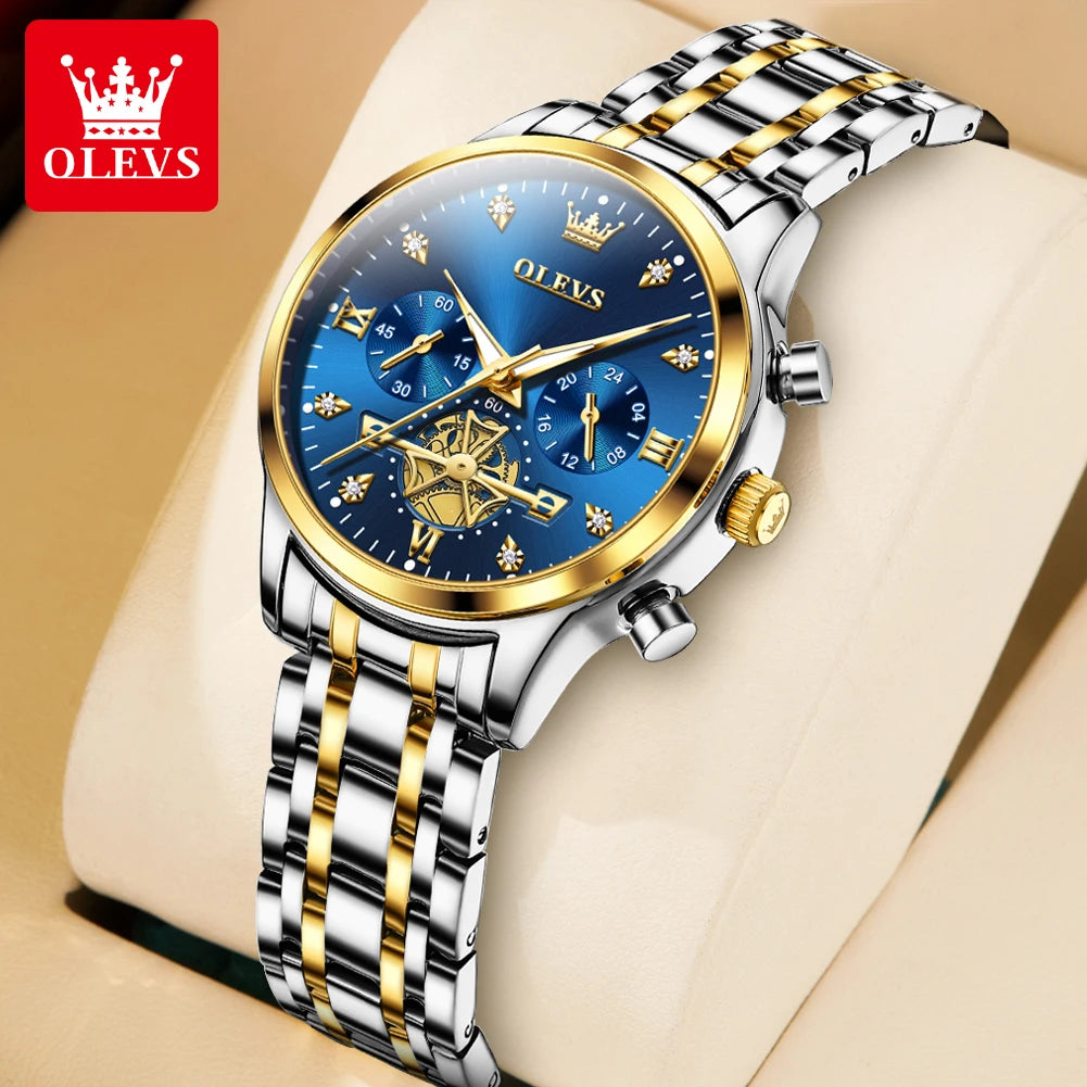 OLEVS Skeleton Quartz Chronograph Stainless Steel Waterproof Luminous Watch