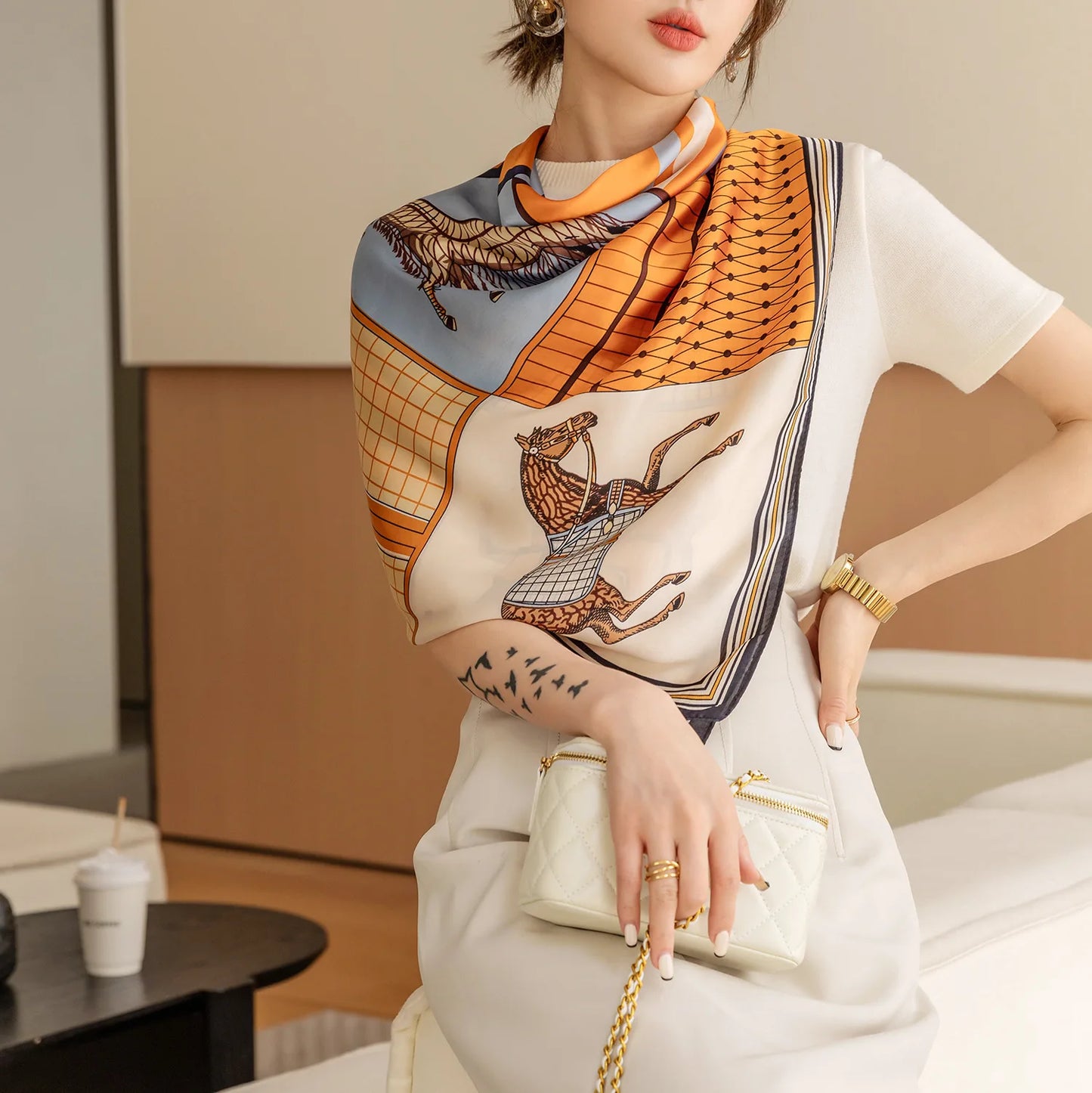 HYKMAIYW Luxury Horse Print Square Scarf Imitation Silk
