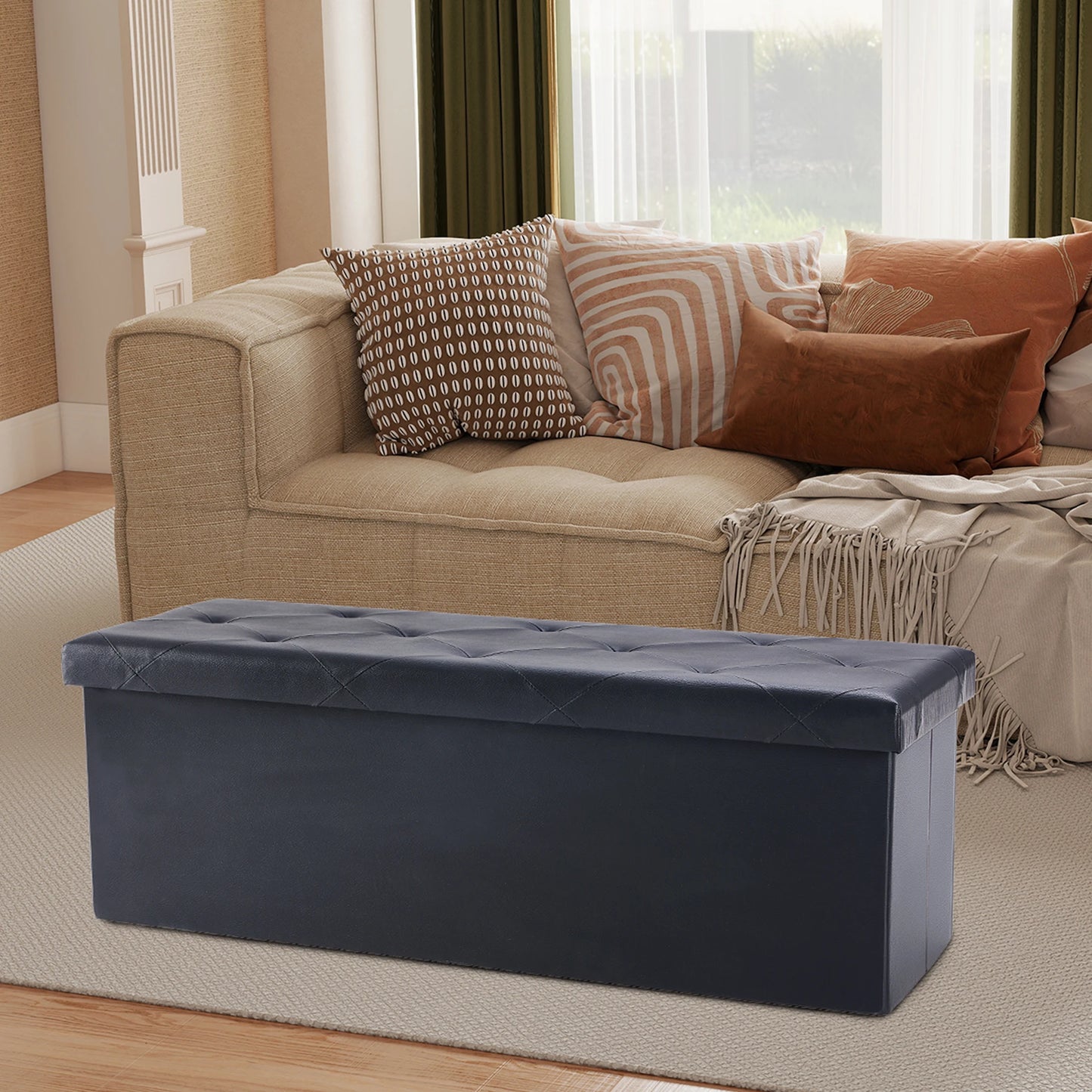 JHK Leather Folding Ottoman Storage Footstool Bench For Living Room