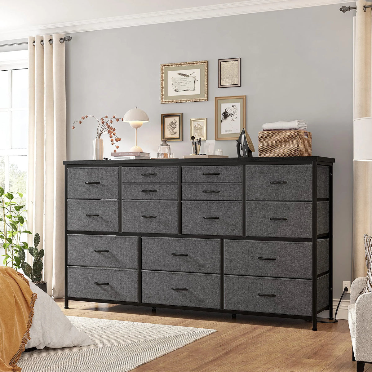 EnHomee 60" TV Stand with 16 Drawers & Charging Station – Long Dresser & Chest of Drawers – Large Bedroom Storage Unit