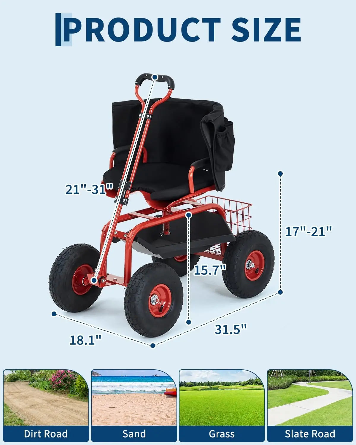 Heavy Duty Garden Cart Rolling Work Seat, 360° Swivel Garden Scooter With 10in Pneumatic Tires, Tool Tray, Storage Basket, 300LB