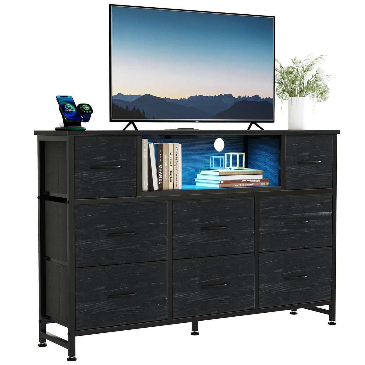 JHK LED TV Stand Dresser with 8 Fabric Drawers Entertainment Center with Charging Station and Open Shelves Wood Top Media Console for 45-55 inch