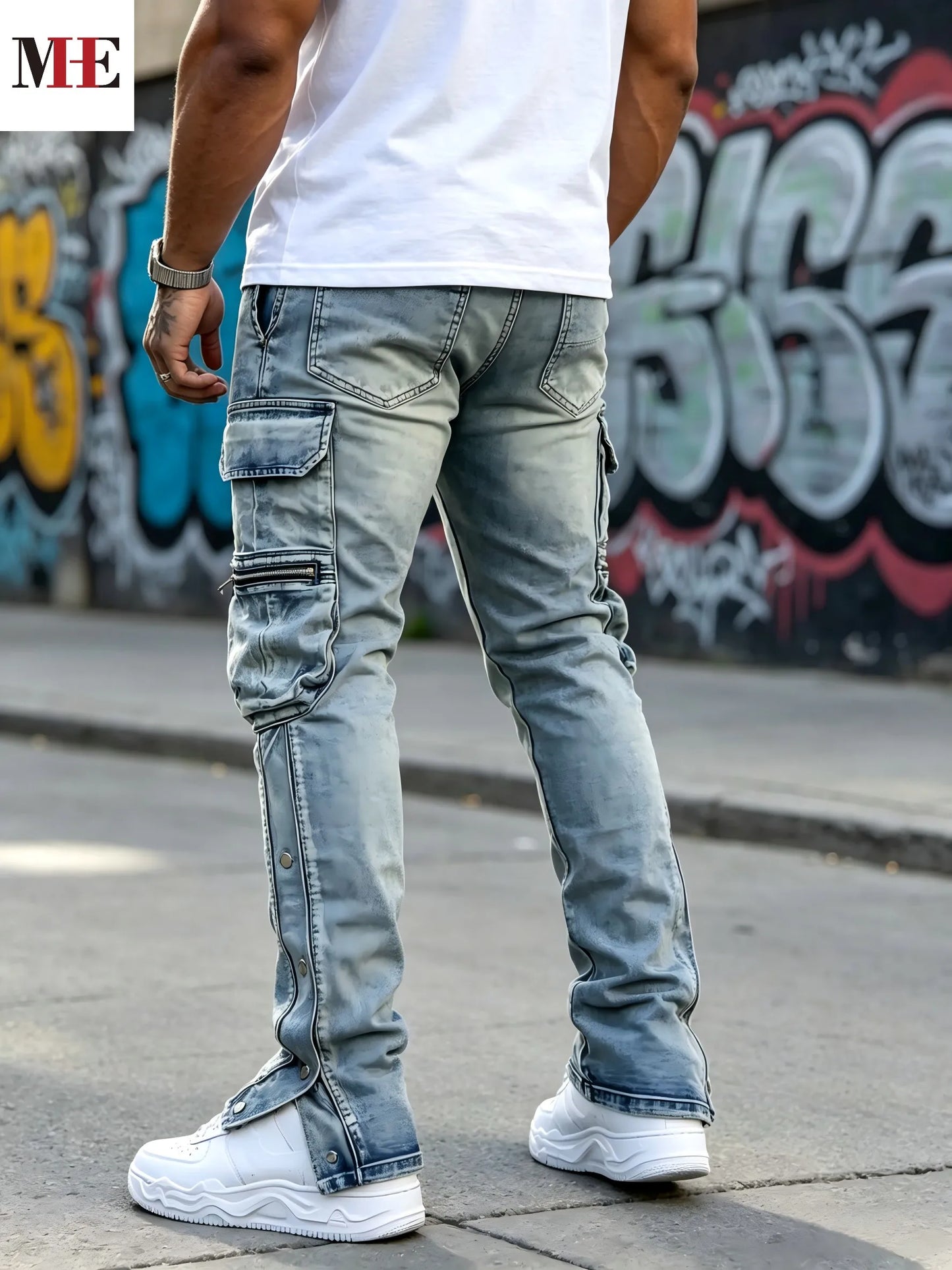HME Men's Flared Denim Jeans With Rips And Zipper Hem