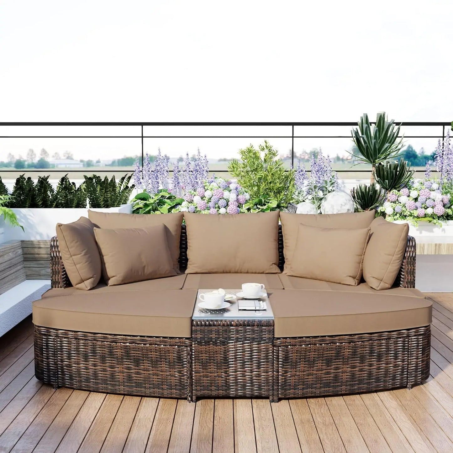 Acacia Wood Half-Moon Outdoor Sofa Set Coffee Table 6 Seat Garden Deck Customized