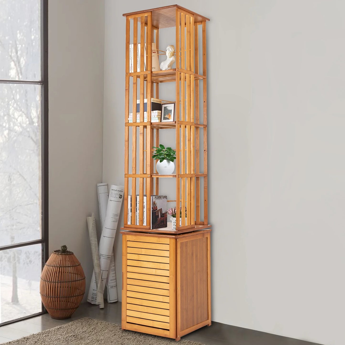 Bymaocar 6 Tier Corner Bamboo Book Shelf Rotating Display Rack
