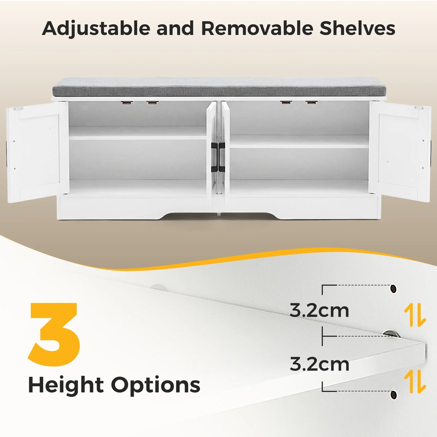 JHK Storage Bench Shoe Organizer Cabinet with Padded Seat Cushion 2 Doors Adjustable Shelf for Entryway Easy Assemble Strong Load-bearing Capacity