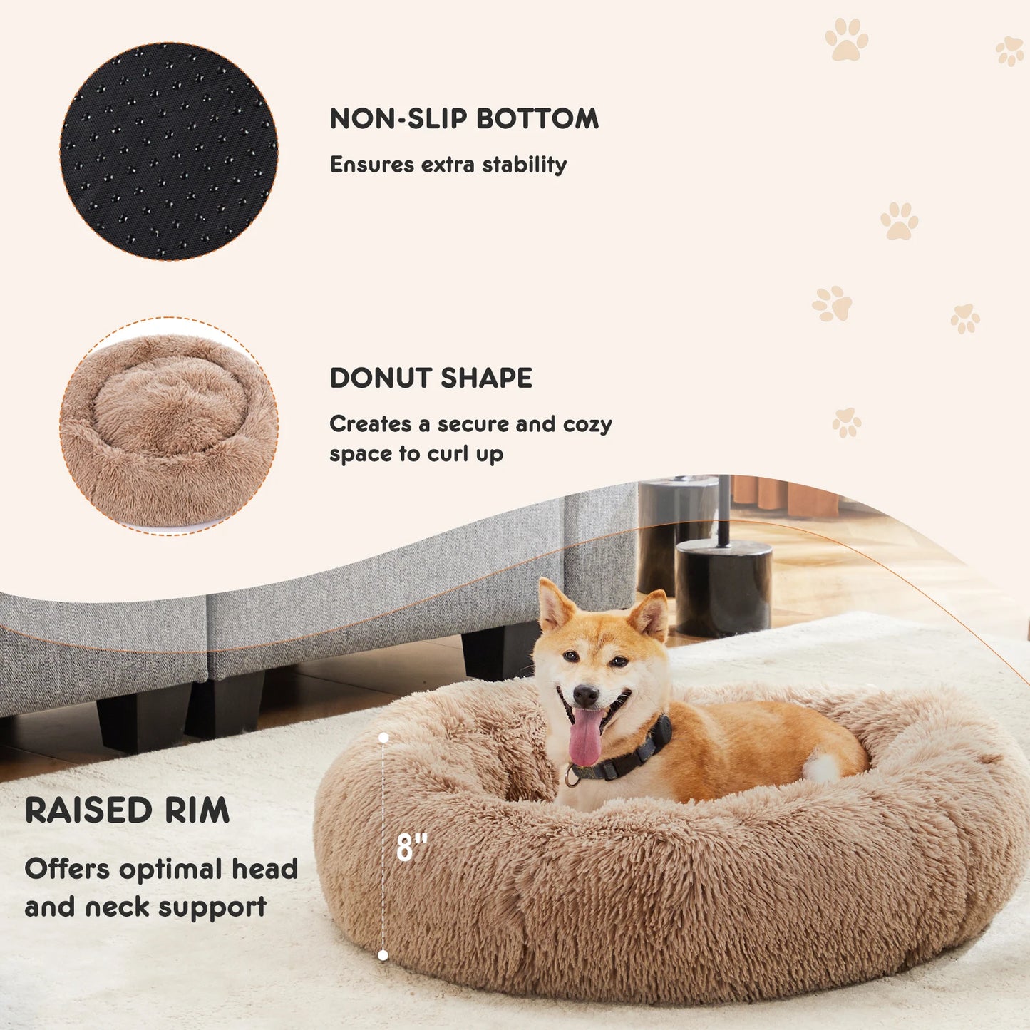 JHK Calming Dog Bed Plush Faux Fur Washable Anti Slip Round